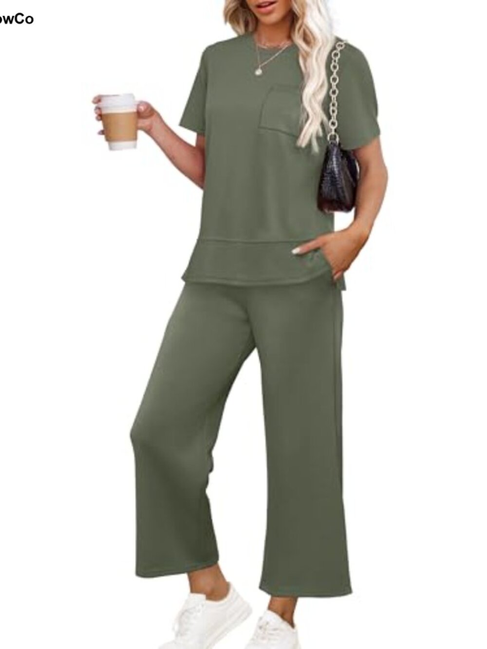 Women's 2PC Lounge Set Crewneck Short Sleeve Wide Leg Cropped Pants